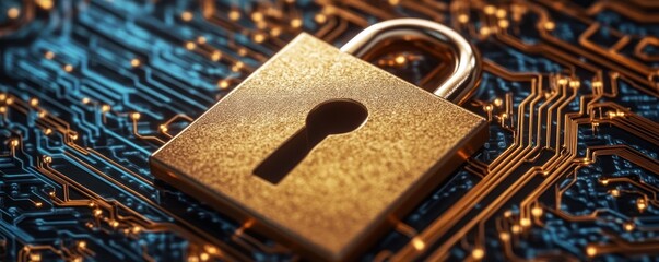 Gold padlock on circuit board; data security concept