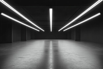 A state-of-the-art empty hall with a concrete floor, black walls, and LED lights positioned in a row on the black ceiling. Mockup