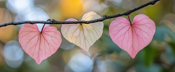 Canvas Print - Three heart-shaped leaves on branch, bokeh background, nature