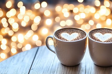 Wall Mural - Two cups of hot cappuccino with heart-shaped latte art on wooden table against blurred golden bokeh lights background, romantic coffee time.