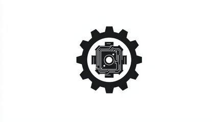 Wall Mural - Minimalist Black and White Logo Design Featuring a Gear and Circuit Pattern on a Clean Background