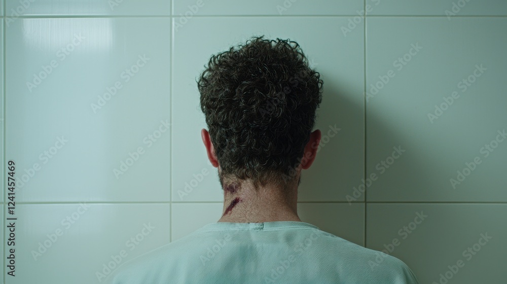 Back view of a male subject with curly hair standing against a tiled ...
