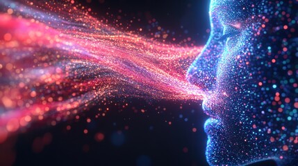 Digital face exhales glowing data stream; dark background; AI, technology concept