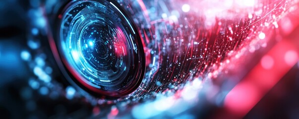Futuristic lens close-up, red-blue digital background, data stream, tech website
