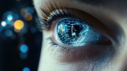 Woman's eye, digital data reflection, night, bokeh, futuristic technology concept