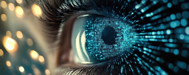 Digital data streams from eye, bokeh background