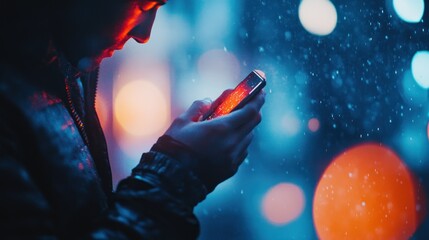 Man texting on phone, snowy city night, bokeh lights, winter communication