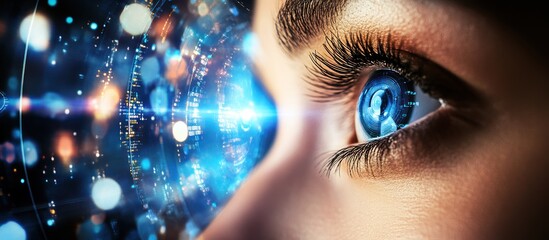 Woman's eye reflects futuristic data sphere; digital background