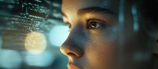 Girl gazing at futuristic screen, city lights blurred background, tech concept