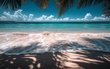 Canvas Print - Tropical beach, turquoise water, palm shadows, sunny day, vacation