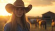 © Marco - portrait of a beautiful woman with cowgirl hat in a meadow with winner on a sunset