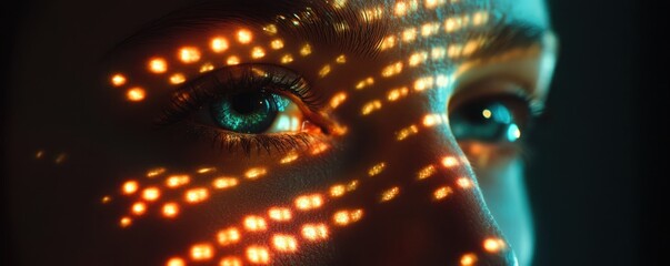 Woman's eye, light projection, dark background, digital art
