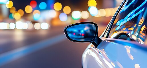 Wall Mural - Night city driving, side mirror reflection, blurred lights