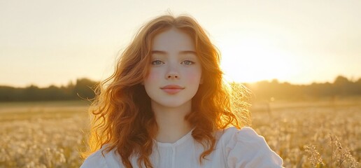 Wall Mural - Redhead woman in sunset field.  Nature beauty portrait