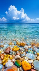 vibrant pebbles below tranquil sea and majestic clouds in clear blue sky