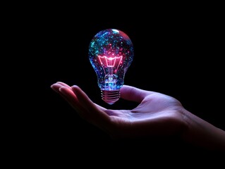 Aufkleber - Glowing Light Bulb with Cosmic Colors in a Hand Against Black Background