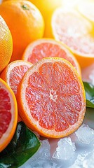 Wall Mural -   A collection of grapefruits and oranges positioned atop a table, adorned with leaves overhead