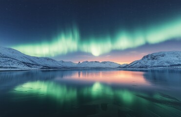 Wall Mural - Stunning northern lights illuminate the serene landscape over a frozen lake during twilight hours