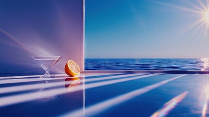 Wall Mural - an orange slice sits atop a table, beside a glass containing water and a sun illuminating the ocean