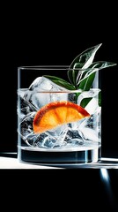 Wall Mural -   A close-up of a glass filled with water, featuring an orange peel at the bottom and a leaf protruding from the top