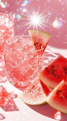 Wall Mural -   A watermelon slice sits atop a table, alongside a glass of watermelon juice