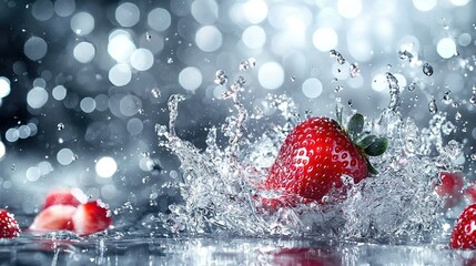 Wall Mural -   A group of strawberries splash into a puddle of water on a black-and-white background with bokeh light