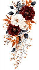 Poster -  A white canvas features a vibrant bouquet of flowers against a backdrop of rich red and orange foliage