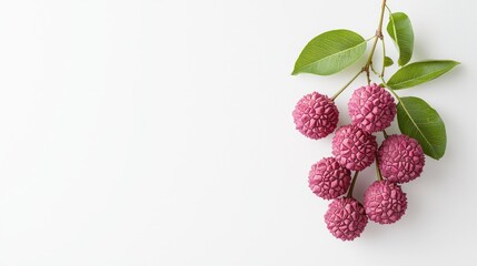 Wall Mural - Pink lychees branch on white background, food photography, healthy eating