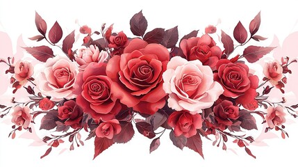 Canvas Print -   Red and pink roses against a white backdrop with leafy surroundings in the foreground