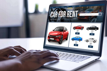 car rental website on computer screen for tourist to rent a car for transportation brisk