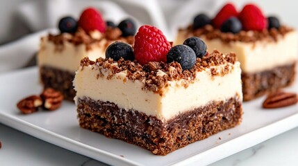 Wall Mural -   A cake with nuts and berries on top, and another cake with nuts and berries on a plate