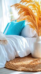 Wall Mural -   A close-up photo of a bed with pillows and a plant in a vase resting atop a wicker rug