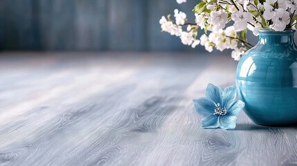 Canvas Print -   A blue vase brimming white flowers rests atop wooden table, adjacent blue vase filled white flowers