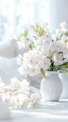 Poster -  A white vase with white flowers sits atop a white table, near a white couch and windowsill