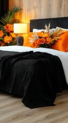 Poster -   A black comforter covers an orange and white pillow collection, with a lamp perched beside the bed