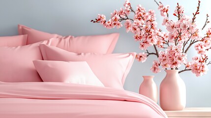 Wall Mural -   Pink bed with pillows, vase of pink flowers on a blue wall