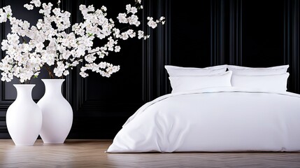 Wall Mural -   A bed with a white comforter and two vases of white flowers on a wooden floor, facing a black wall