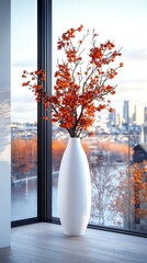 Poster -  A white vase with red flowers, placed before a vast cityscape through a large window