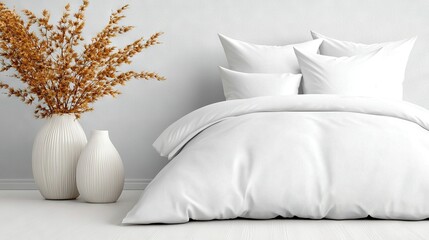 Canvas Print -   A white comforter, pillows, and a vase with a plant on a white floor