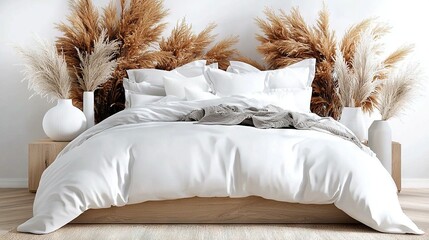 Canvas Print -   A white comforter covers a bed on a hardwood floor, flanked by two vases filled with dried grass