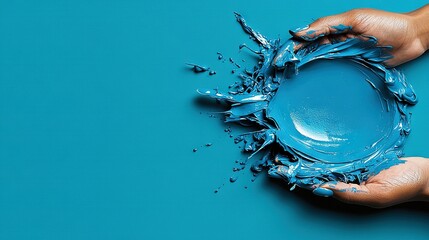 Wall Mural -   A blue plate with paint splatters on a blue background, held by hands