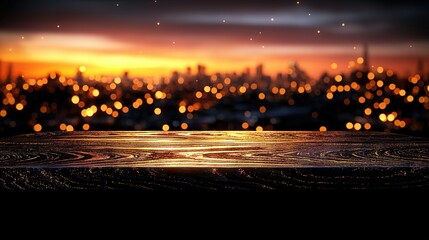 Wall Mural - a clear picture of a city at night with a wooden table top in the foreground and a sharp city in the