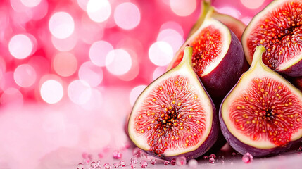 Wall Mural -   A pink countertop houses a pile of ripe figs, flanked by a pink and white bouquet of lights