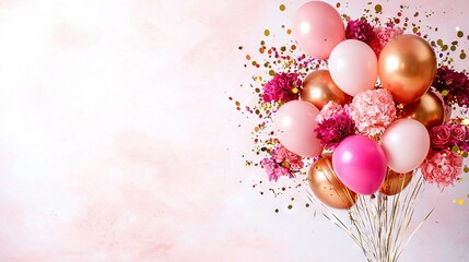 Wall Mural -   A sea of pink and gold balloons, adorned with pink carnations against a pink backdrop