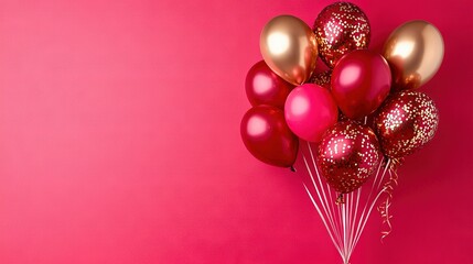 Wall Mural -   A group of red and gold balloons on a pink backdrop with gold confetti at the base of the balloons