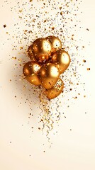 Wall Mural -   A golden balloon bouquet with confetti and streamers on a pristine white backdrop, adorned with golden confetti