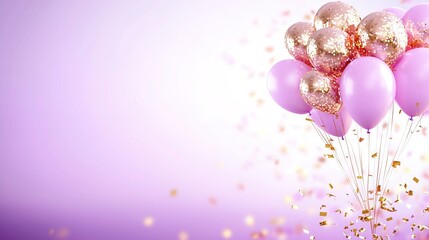 Wall Mural -   A set of pink and gold balloons with gold confetti and purple streamers is the image