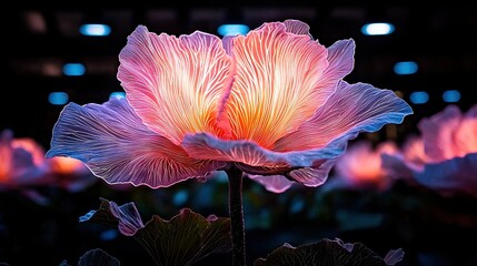 Canvas Print -   A close-up of a pink flower surrounded by purple ones, bathed in blue light at its center