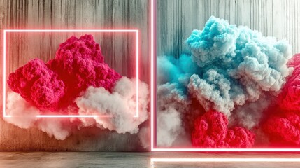 vibrant neon clouds in geometric frames against a concrete wall, merging surrealism and modern aesth