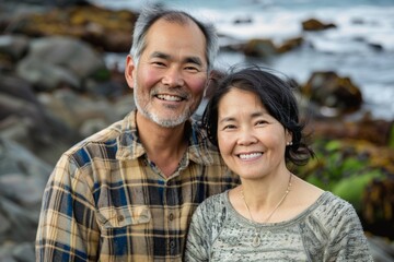 Wall Mural - Portrait of a joyful asian couple in their 40s dressed in a relaxed flannel shirt in peaceful tide pool background